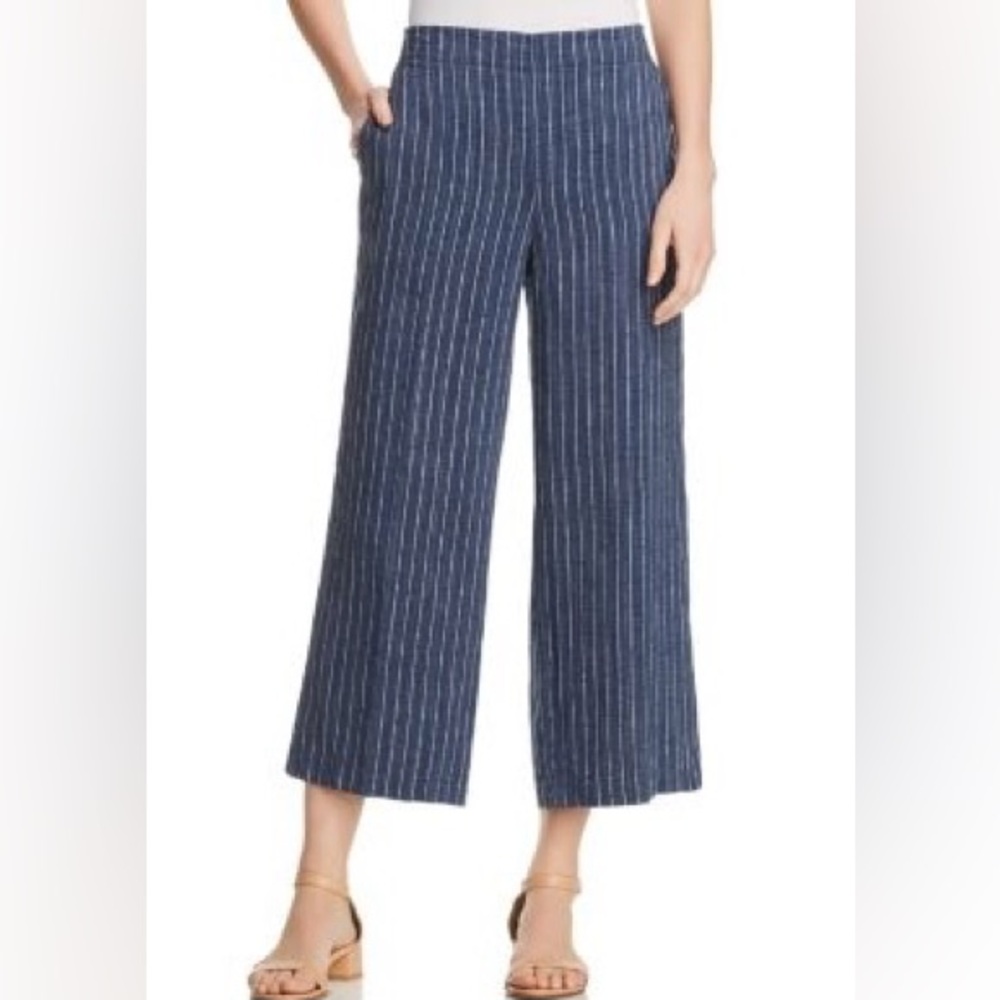 Eileen Fisher Gray Cropped Linen Pants with woven stripe Pull On M Medium